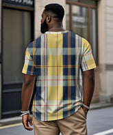 Men's Plus Size Yellow Check Print Henry Collar Button Short Sleeve T-shirt